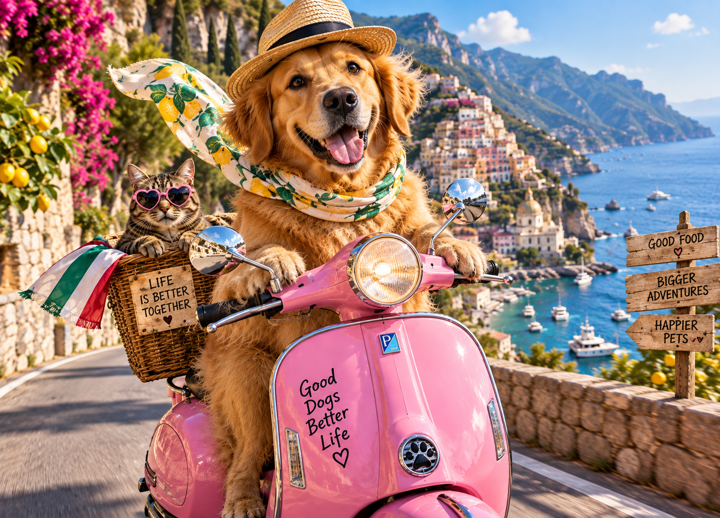 Samma djur som ett löjligt konstverk på en rosa scooter