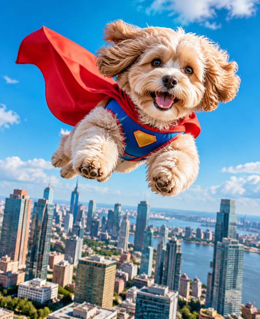 Liten hund som flyger över en stad som superhjälte